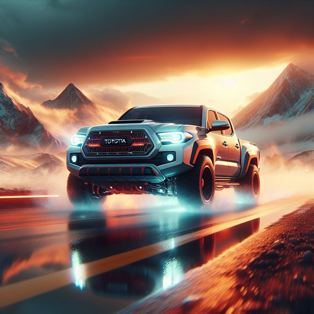 2024 Toyota Tacoma TRD A red pickup truck with black wheels and a black grille, parked on a dirt road surrounded by sand dunes and mountains.